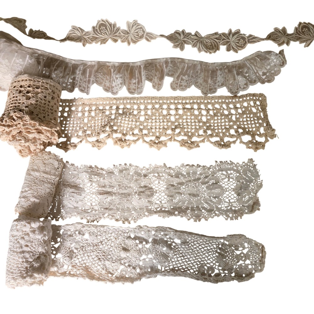 Vintage Lace Trim Lot‎ Crochet Embroidered Ribbon Ivory Cream Junk Journal 5pc